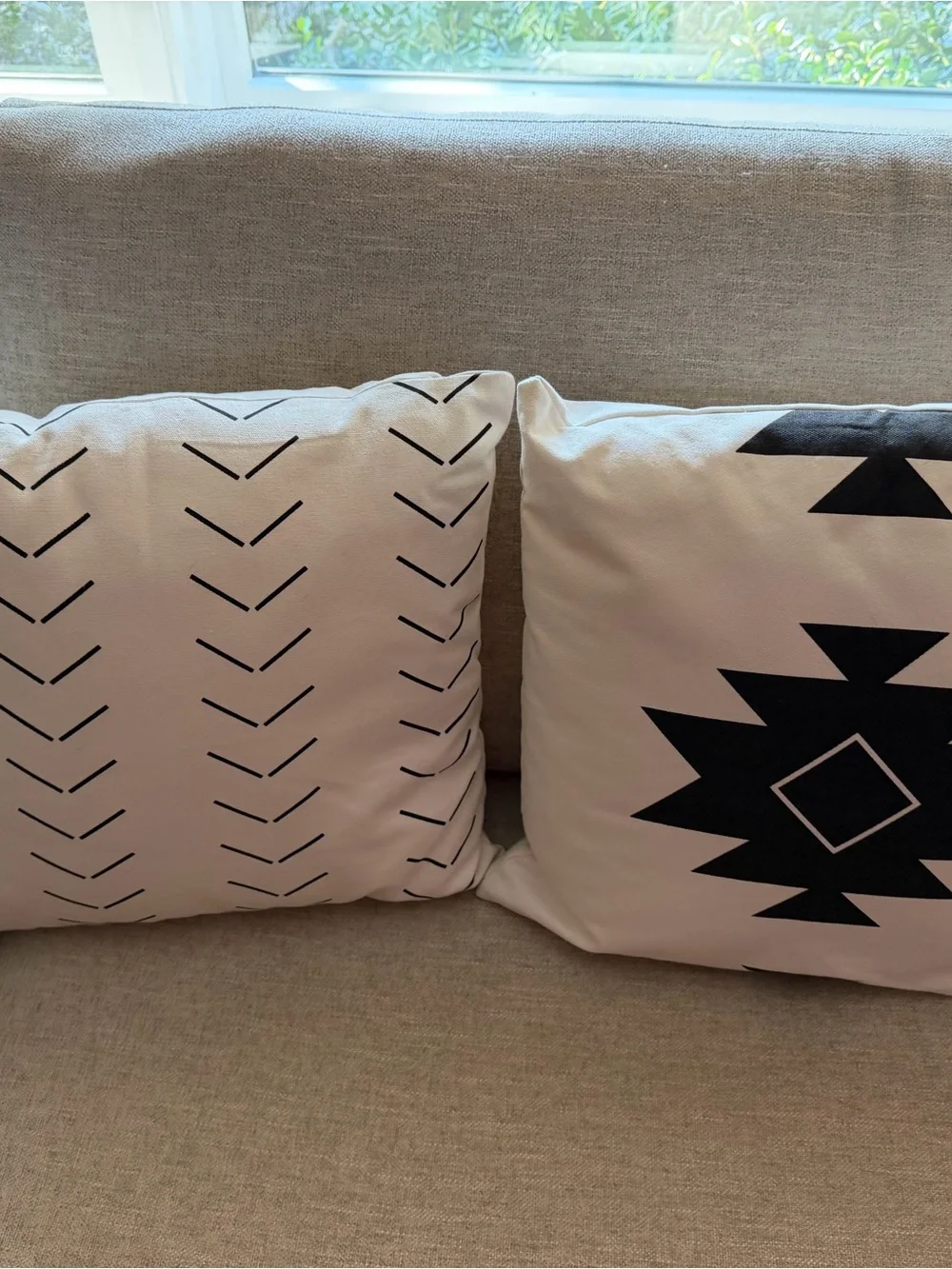 Neutral Cotton Throw Pillows with Black Geometric Print - Set of 4
